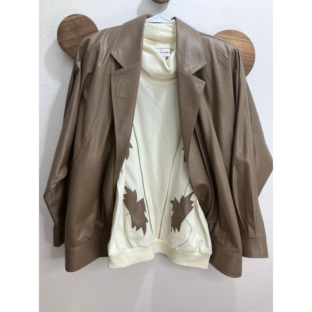 VTG 80's 2 Pc Pierre Lamonte Womens Faux Leather Taupe Jacket & Sweater Large/14